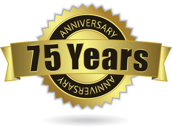 "75 Years Anniversary" - golden stamp with ribbon, Vector EPS 10