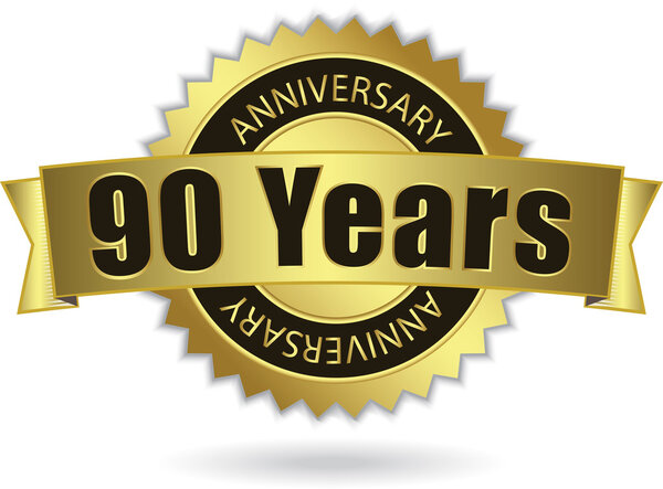 "90 Years Anniversary" - golden stamp with ribbon, Vector EPS 10