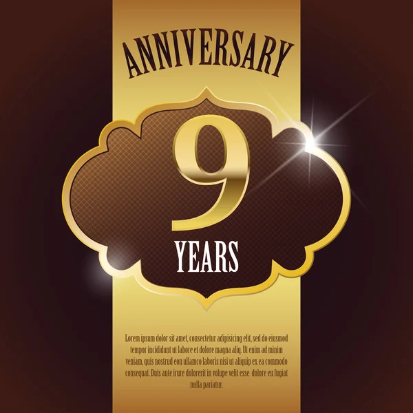 "9 χρόνια επέτειος "-κομψό Golden Design πρότυπο, φόντο, σφραγίδα — Διανυσματικό Αρχείο