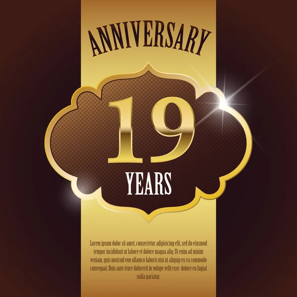 "19 Year Anniversary" - Elegant Golden Design Template , Background , Seal — Stock Vector