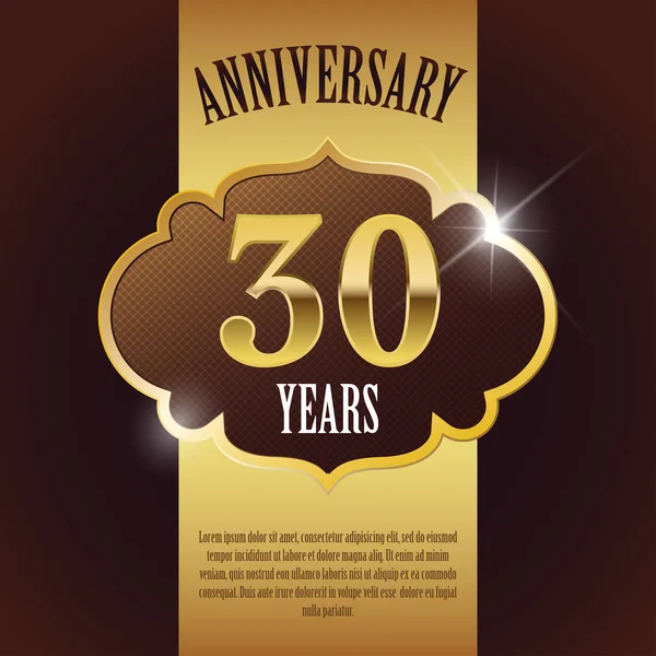 "Aniversário de 30 anos "- Modelo de design dourado elegante, Fundo, Selo — Vetor de Stock