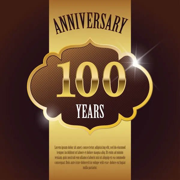 "Aniversário de 100 anos "- Modelo de design dourado elegante, Fundo, Selo — Vetor de Stock