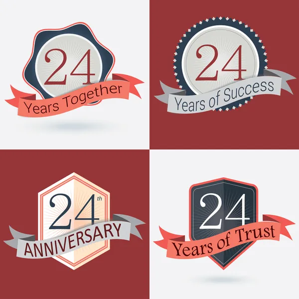 24 årsdagen, uppsättning 24 år tillsammans, 24 år av framgång, 24 år av förtroende - av retro vektor stämplar och sigill — Stock vektor