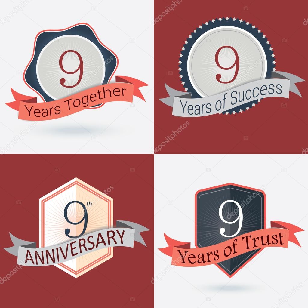 9th Anniversary , 9 years together , 9 years of Success , 9 years of trust - Set of Retro vector Stamps and Seal