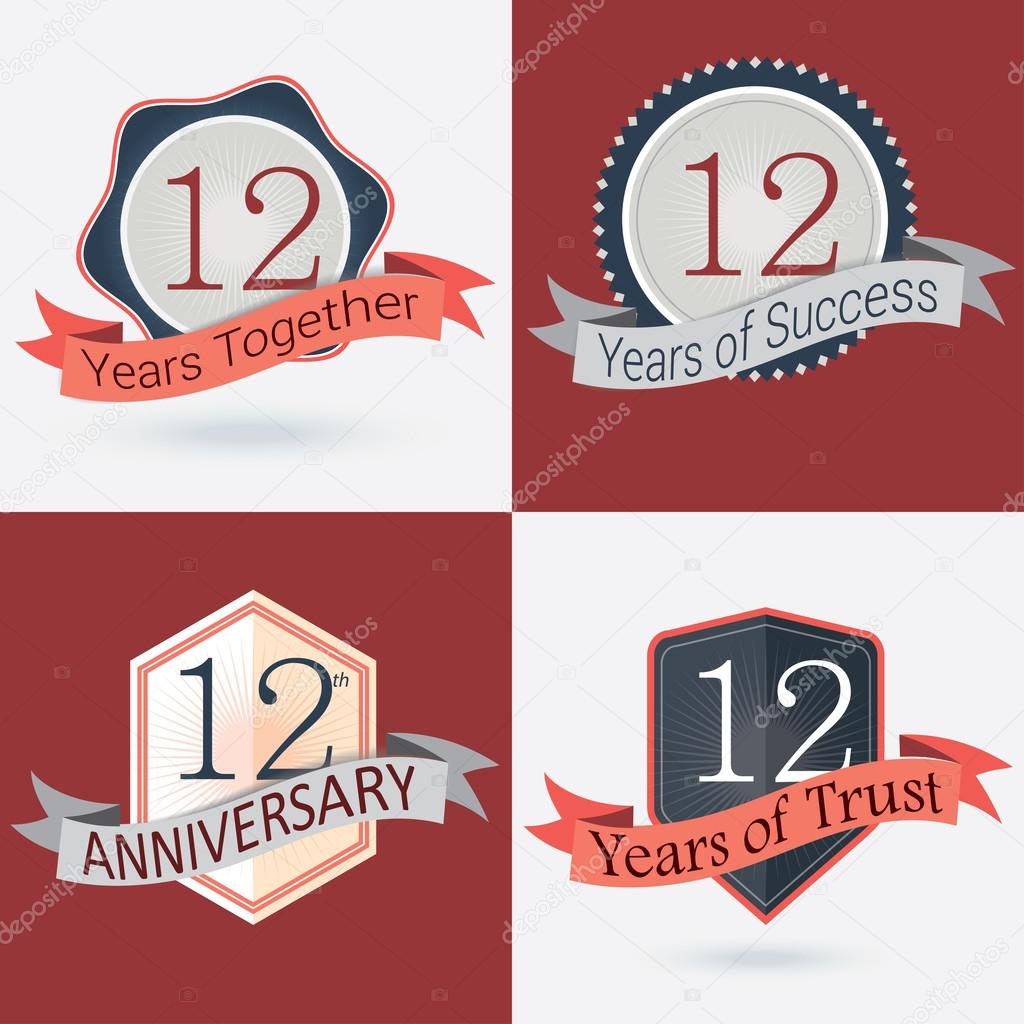 12th Anniversary , 12 years together , 12 years of Success , 12 years of trust - Set of Retro vector Stamps and Seal