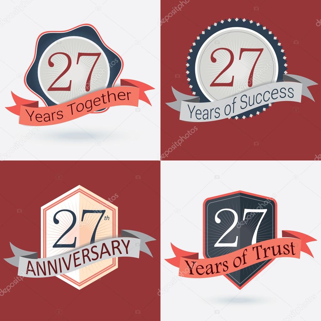 27th Anniversary , 27 years together , 27 years of Success , 27 years of trust - Set of Retro vector Stamps and Seal