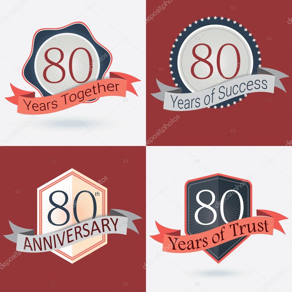 80th Anniversary , 80 years together , 80 years of Success , 80 years of trust - Set of Retro vector Stamps and Seal