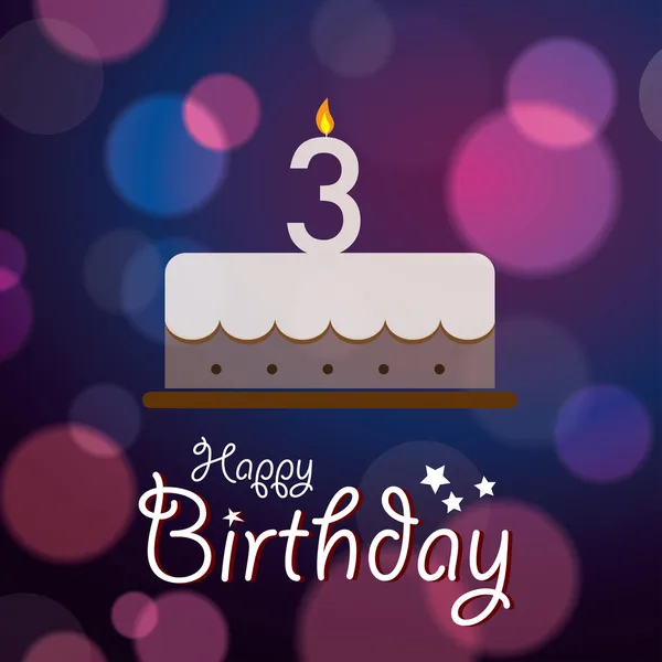 Joyeux 3e anniversaire - fond vectoriel Bokeh avec gâteau . — Image vectorielle