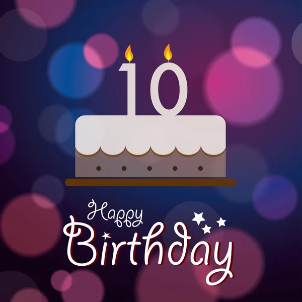 Joyeux 10e anniversaire - fond vectoriel Bokeh avec gâteau . — Image vectorielle