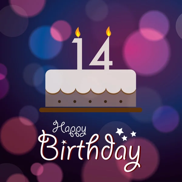 Joyeux 14e anniversaire - fond vectoriel Bokeh avec gâteau . — Image vectorielle