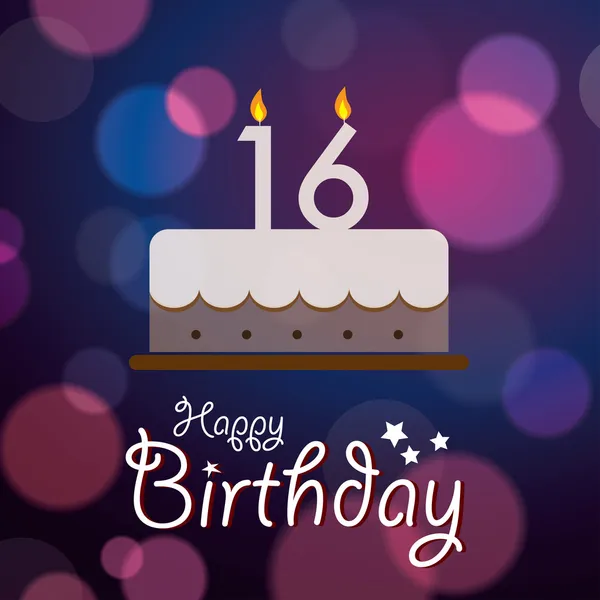 Gelukkig 16e verjaardag - Bokeh Vector achtergrond met cake. — Stockvector