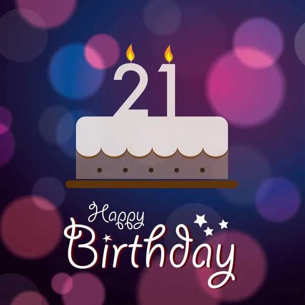Gelukkige 21e verjaardag - bokeh vector achtergrond met cake. — Stockvector