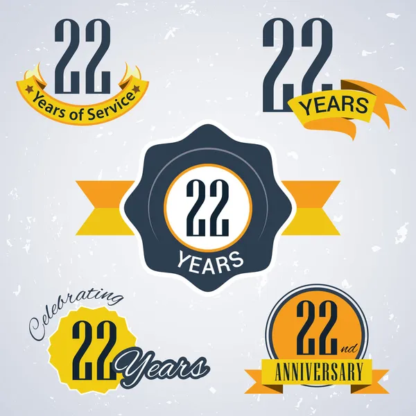 22 años de servicio, 22 años. Celebrando 22 años, 22º Aniversario - Conjunto de sellos y sellos de vectores retro para empresas — Vector de stock