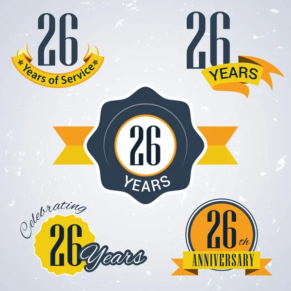 26 år i tjänst, 26 år. firar 26 år, 26-årsdagen - uppsättning retro vektor stämplar och sigill för företag — Stock vektor