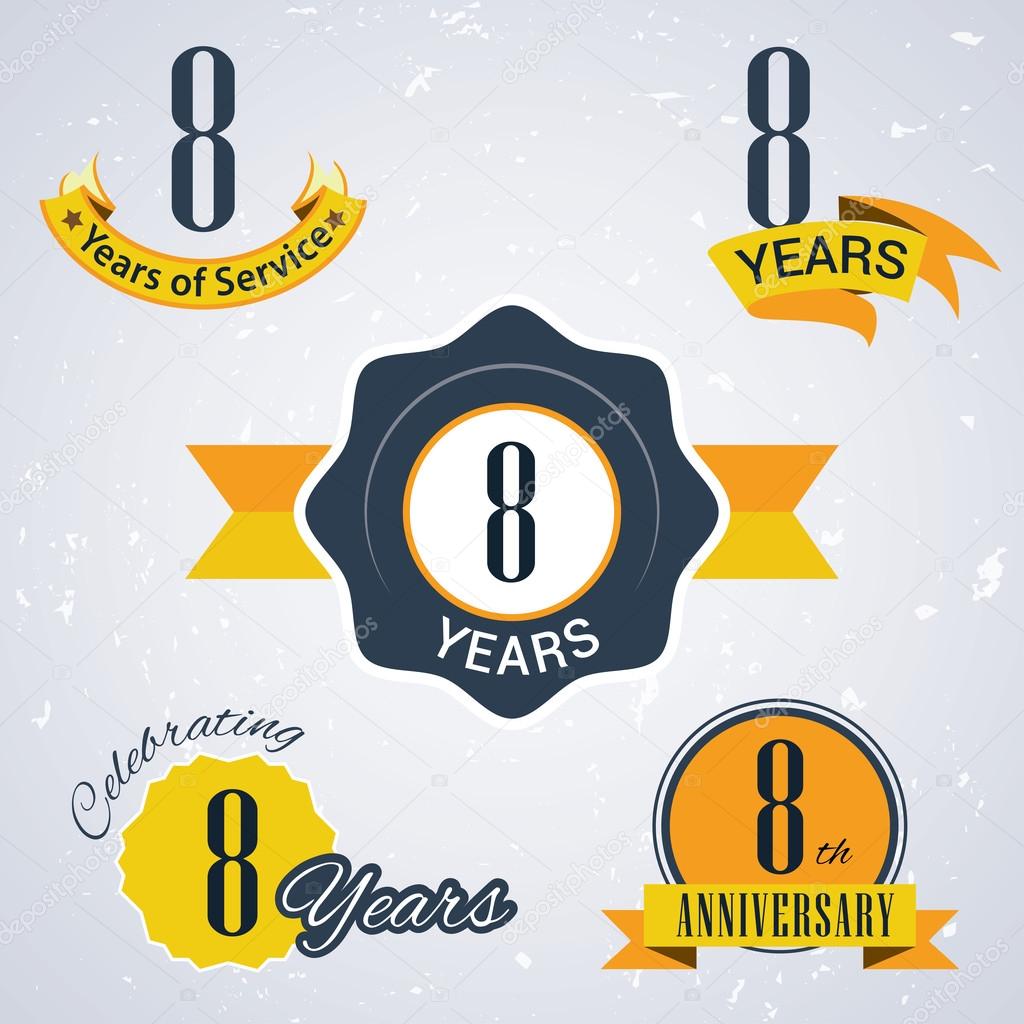 8 years of service, 8 years . Celebrating 8 years , 8th Anniversary - Set of Retro vector Stamps and Seal for business