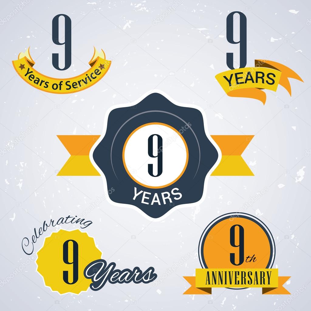9 years of service, 9 years . Celebrating 9 years , 9th Anniversary - Set of Retro vector Stamps and Seal for business