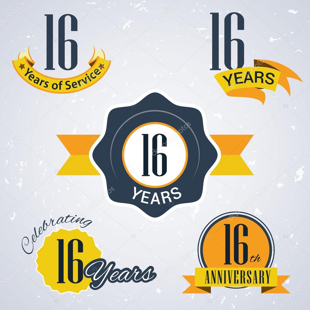 16 years of service, 16 years . Celebrating 16 years , 16th Anniversary - Set of Retro vector Stamps and Seal for business