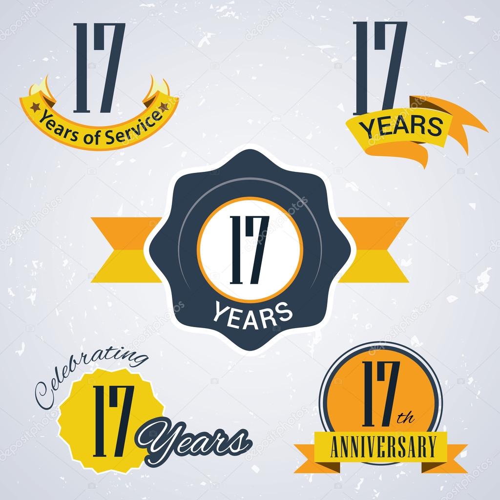 17 years of service, 17 years . Celebrating 17 years , 17th Anniversary - Set of Retro vector Stamps and Seal for business