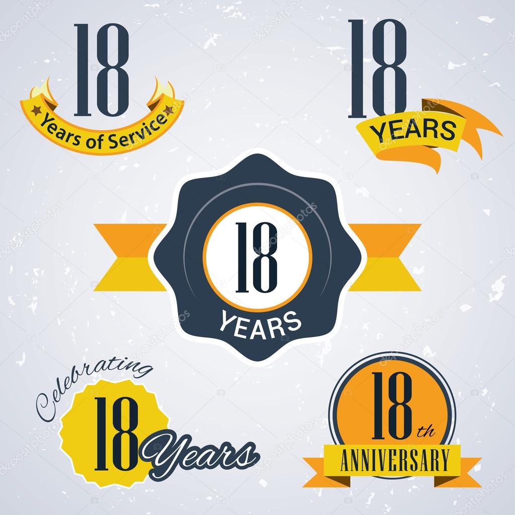 18 years of service, 18 years . Celebrating 18 years , 18th Anniversary - Set of Retro vector Stamps and Seal for business