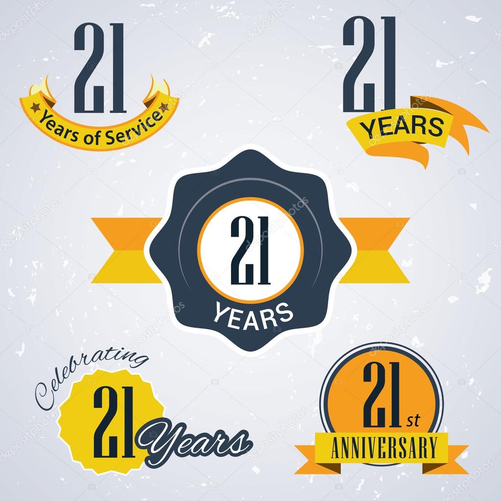 21 years of service, 21 years . Celebrating 21 years , 21st Anniversary - Set of Retro vector Stamps and Seal for business