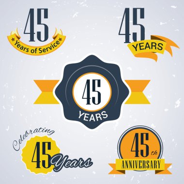 45 years of service, 45 years . Celebrating 45 years , 45th Anniversary - Set of Retro vector Stamps and Seal for business clipart