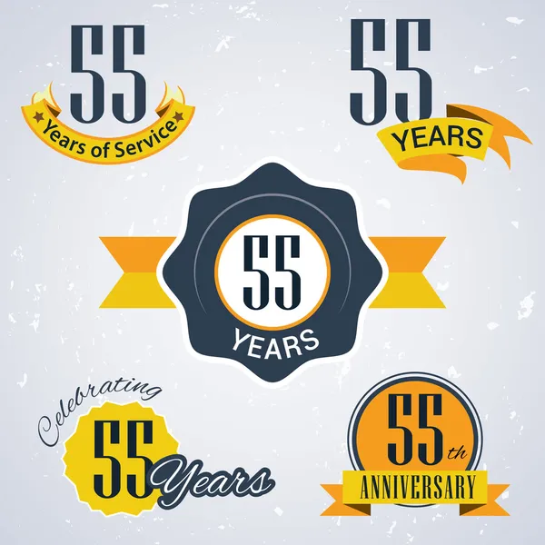 55 χρόνια υπηρεσίας, 55 χρόνια. Γιορτάζοντας τα 55 χρόνια, την 55η επέτειο - σύνολο ρετρό διάνυσμα γραμματόσημα και σφραγίδα για τις επιχειρήσεις — Διανυσματικό Αρχείο