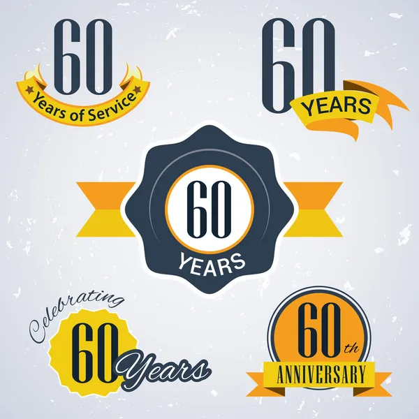 60 år i tjänst, 60 år. firar 60 år, 60-årsdagen - uppsättning retro vektor stämplar och sigill för företag — Stock vektor
