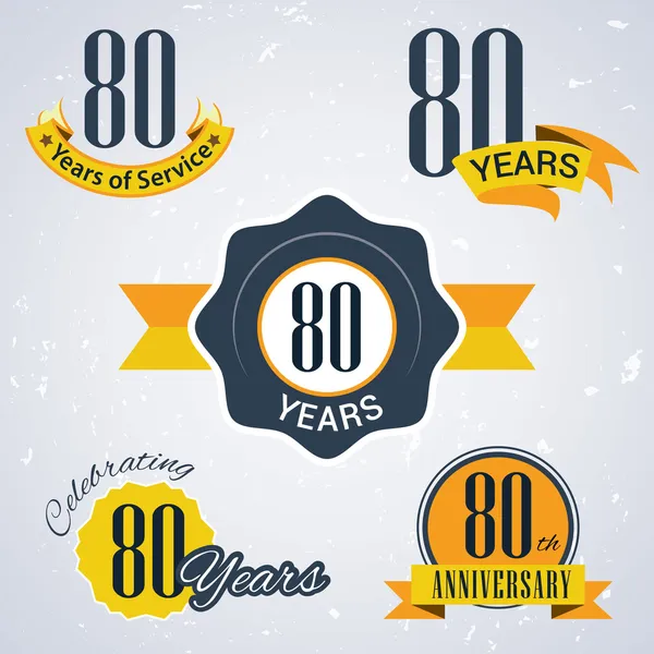 80 años de servicio, 80 años. Celebrando 80 años, 80 Aniversario - Conjunto de sellos y sellos de vectores retro para negocios — Archivo Imágenes Vectoriales