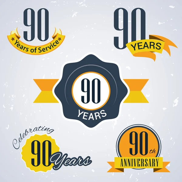 90 anos de serviço, 90 anos. Comemorando 90 anos, 90th Anniversary - Conjunto de Selos e Selos vetoriais retrô para negócios — Vetor de Stock