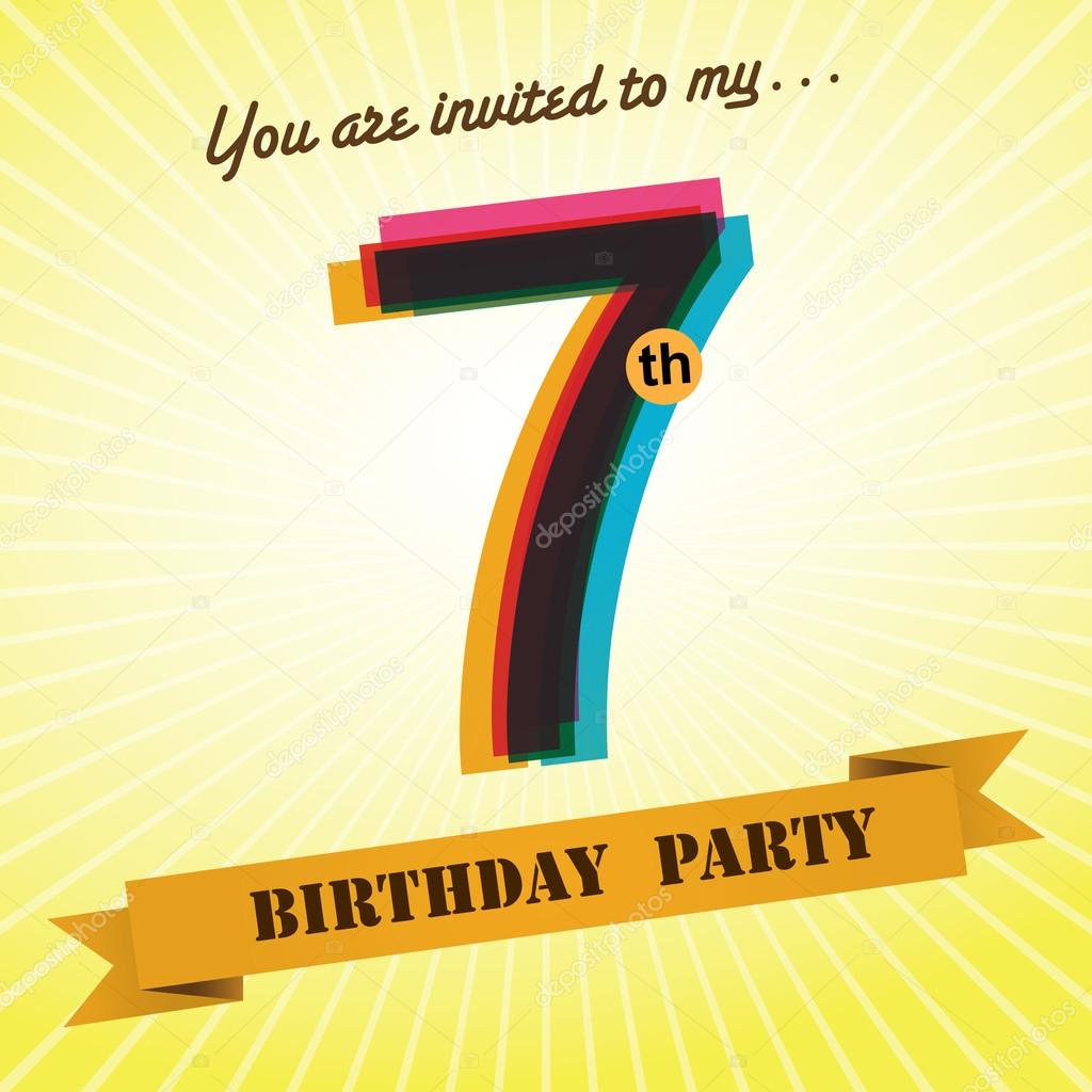 7th birthday party invite template design in retro style vector background vector image by c harshmunjal vector stock 51513729