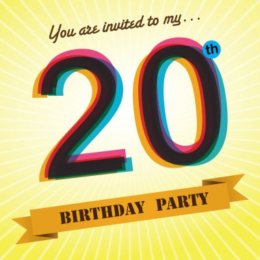 20th Birthday party invite, template design in retro style - Vector Background clipart