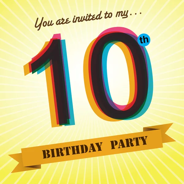 Invitación a la fiesta del décimo cumpleaños, diseño de plantilla en estilo retro - Fondo vectorial — Archivo Imágenes Vectoriales