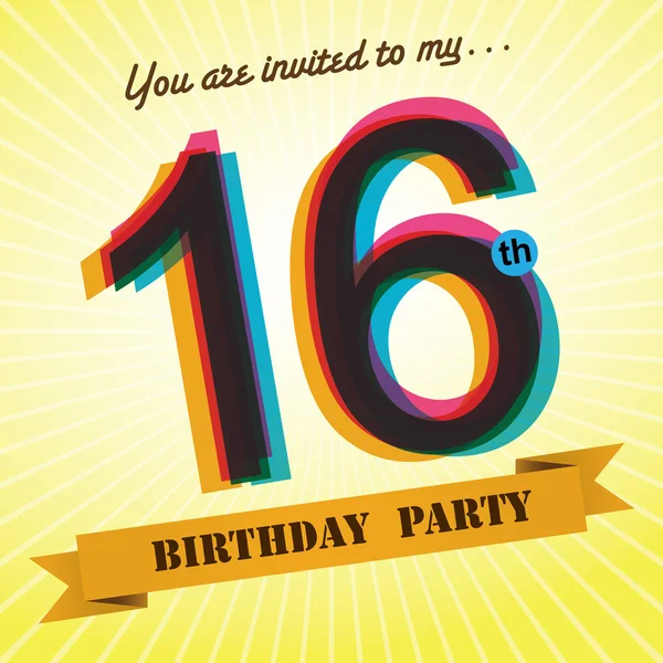 16th Birthday party invite, template design in retro style - Vector Background — Stock Vector