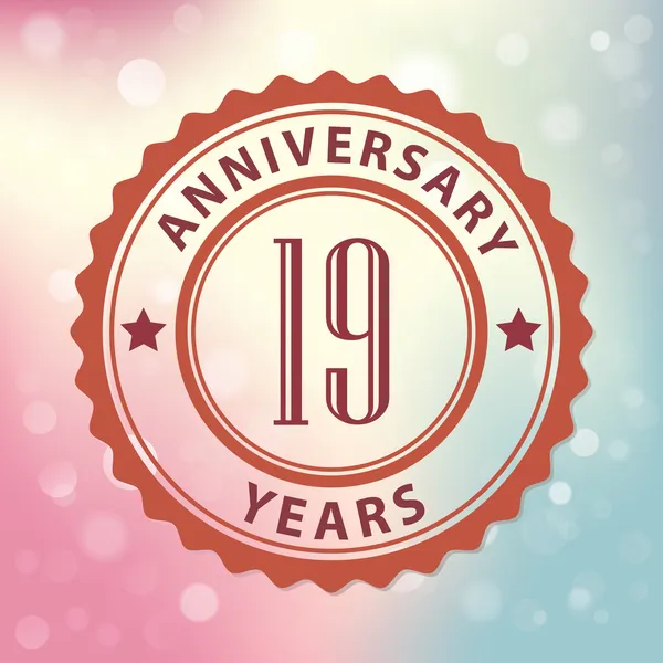 "19 Years Anniversary" - Retro style seal, with colorful bokeh background EPS 10 vector — Stock Vector