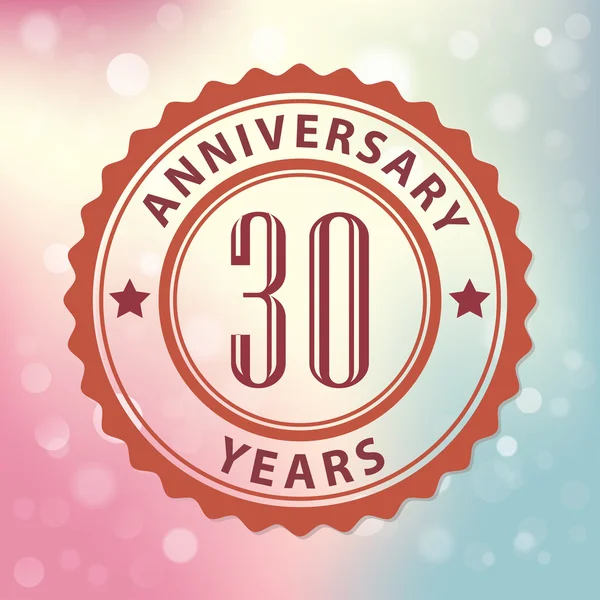 "30 Years Anniversary" - Retro style seal, with colorful bokeh background EPS 10 vector — Stock Vector