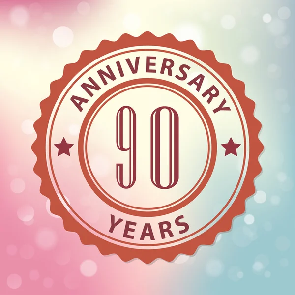 "90 Years Anniversary" - Retro style seal, with colorful bokeh background EPS 10 vector — Stock Vector