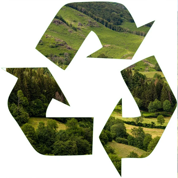 Reciclar Symol Com Conceito Verde Lanscape Recylcing Questões Ambientais — Fotografia de Stock