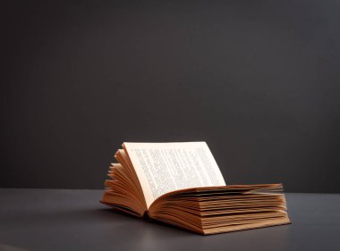 Bulanık metni gösteren gri arkaplan üzerine eski kitabı aç