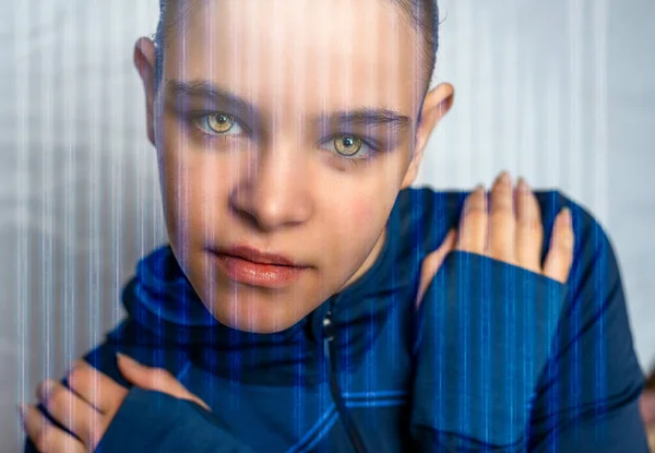 Woman with bionic cyborg eye fantasy future high tech image with data stream .