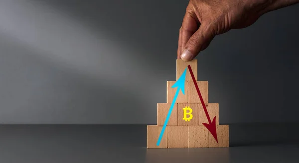 the rise and fall of the bit coin ,arrows going up and down with a yellow bit coin . concept of risk in crypto currency .