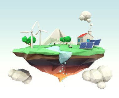 Ekoloji kavramı için 3D düşük Poli yüzen ada