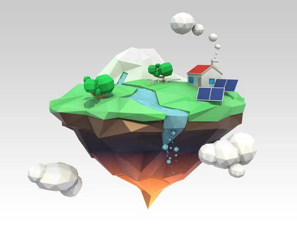 Ilha flutuante poli baixa 3D para conceito de ecologia — Fotografia de Stock