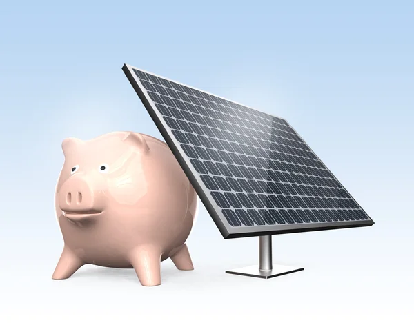 Piggy banco e painel solar — Fotografia de Stock