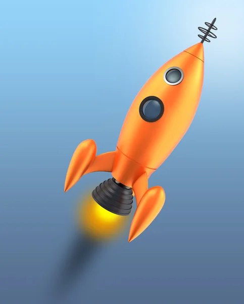 Foguete de brinquedo retro decolando para o espaço — Fotografia de Stock
