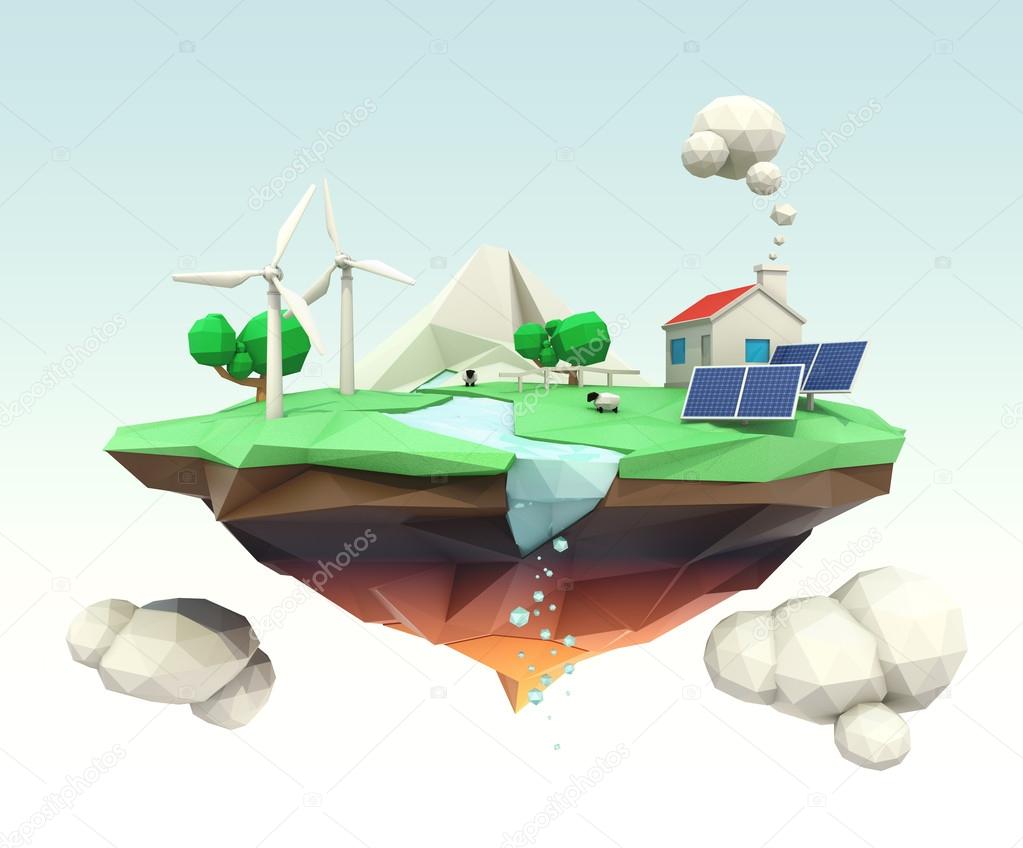 3D low poly floating island for ecology concept