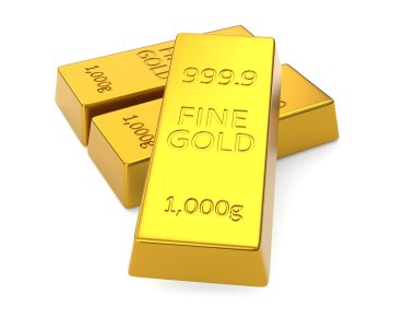 Beyaz arkaplanda izole edilmiş altın çubuklar