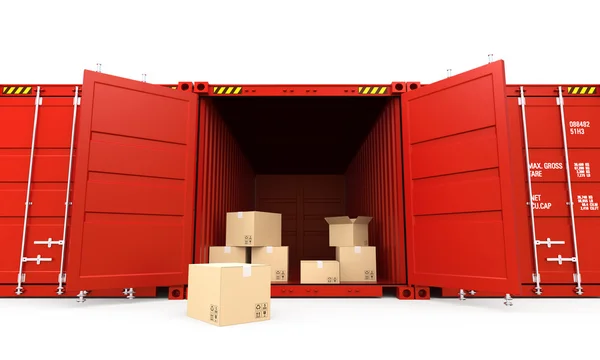 Opened red cargo container with cardboard boxes