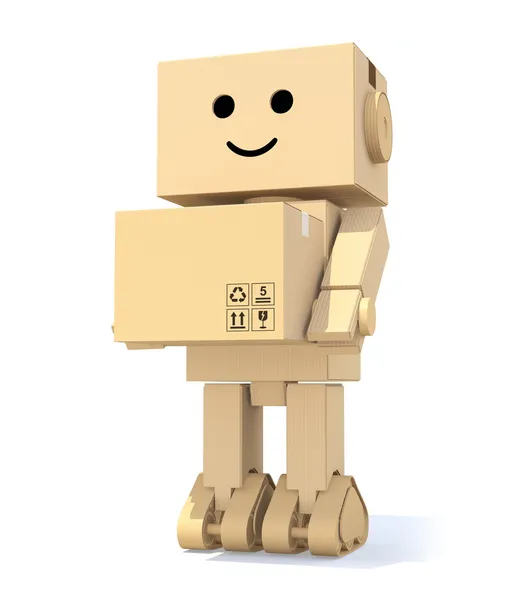 Cute cardboard robot carrying a box — Stock Photo, Image