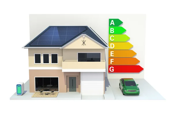 Casa intelligente con sistema di pannelli solari, grafico ad alta efficienza energetica — Foto Stock