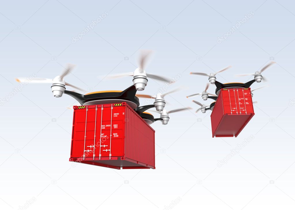 Drones carrying cargo containers